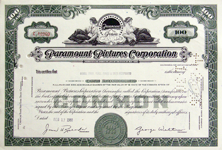 Paramount Pictures stock certificate 1966